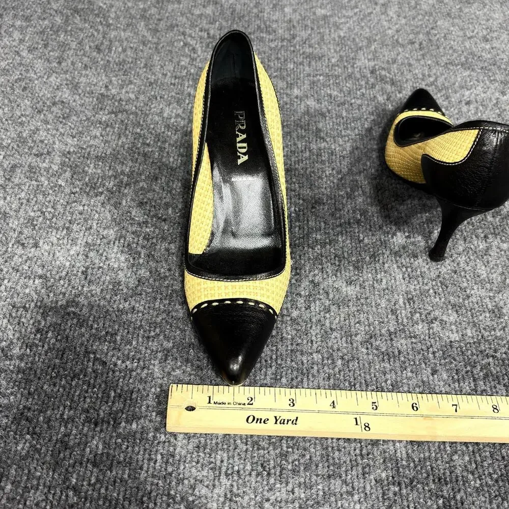 Prada Shoes Womens 5.5 EU 35.5 Beige Black Leather Woven Cap Toe Pumps Heels